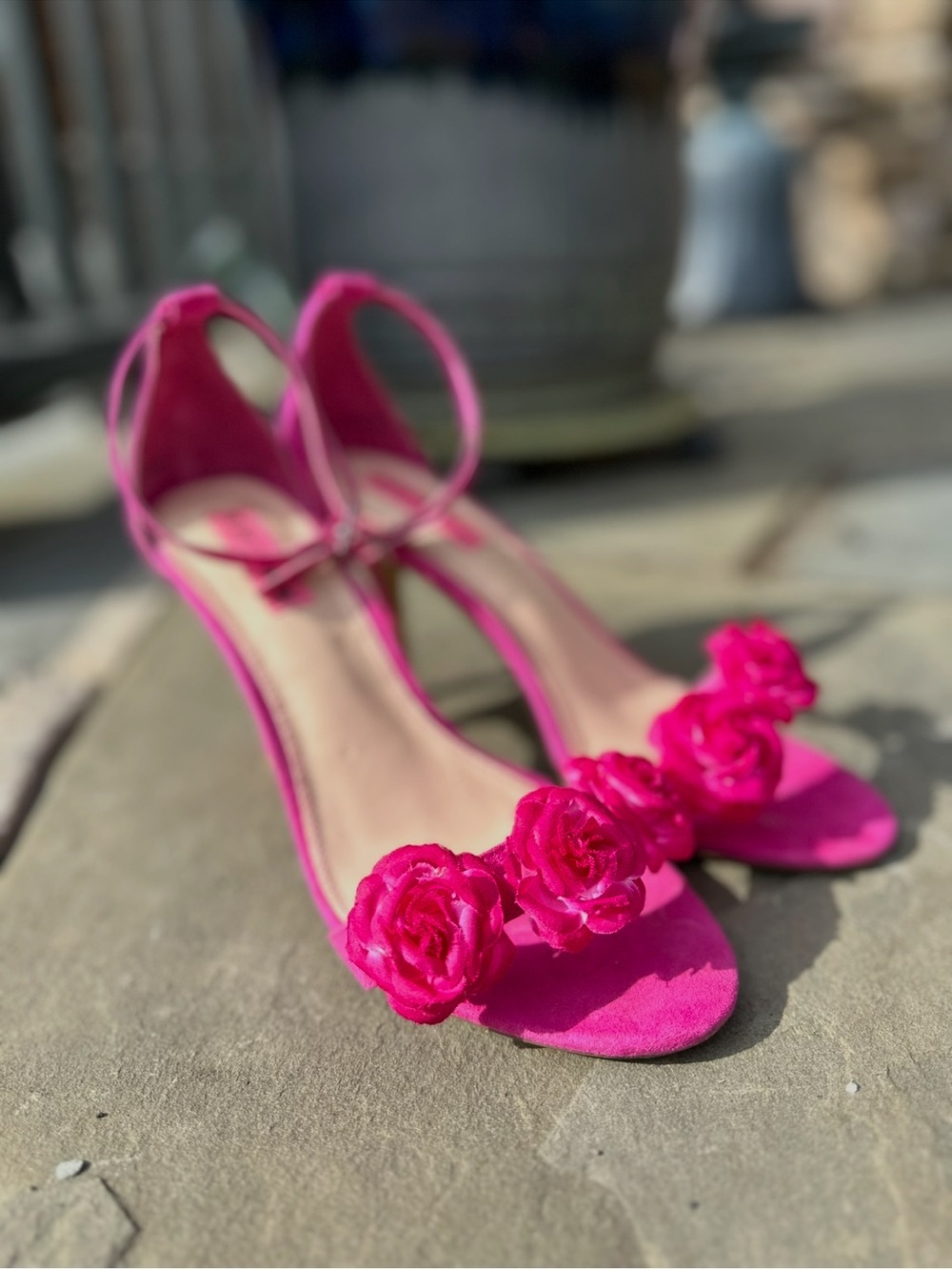 Betsey Johnson “Bromme” Fuschia Pink Floral Ankle Strap Open Toe Stilettos